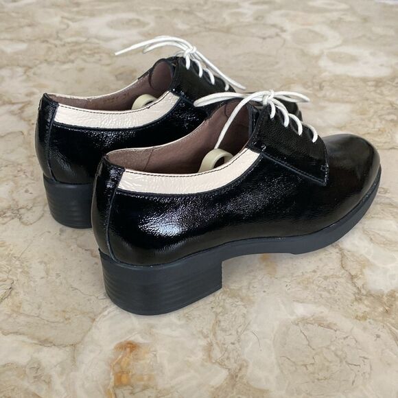 Wonders Smart Blackk / White Patent Block Heel Oxford Lace Up Shoes Ultra Light - Picture 8 of 16